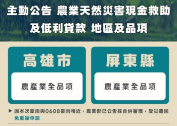 因應6月下旬豪雨災情  農業部主動公告高雄市、屏東縣農產業全品項辦理現金救助與低利貸款