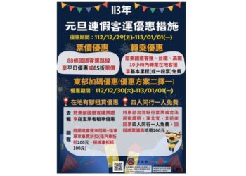 「元旦連假祭好康」 搭客運打85折 遊東部4人同行1人免費