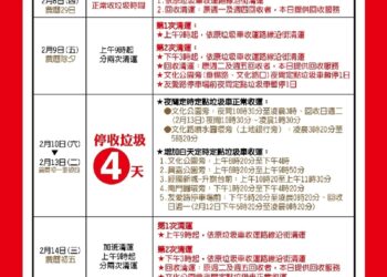 嘉義市春節垃圾收運日程 大家一起做環保維護市容整潔、乾淨