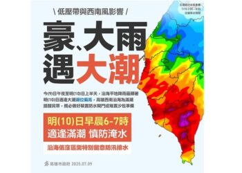 氣象署提醒明日有大雨加大潮 沿海與低窪地區要提防積淹水