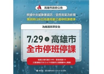西南氣流帶來強降雨　高雄市明日停班停課