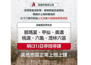 雨勢驟增恐致災 高雄6山區明日停班停課