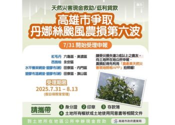 高雄市爭取丹娜絲颱風致災第六波農損救助7/31起受理