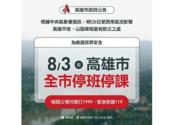 高市雨勢恐加劇 預估雨量達標 明全面停班停課