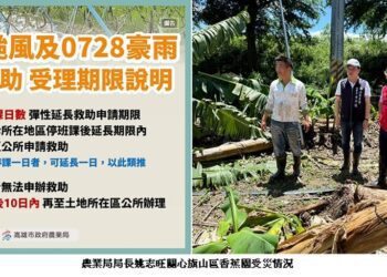 高市成功爭取丹娜絲颱風及0728豪雨 農產業救助申請依停止上班課日數彈性延長截止日