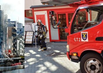 日本大阪道頓堀高樓店面大火 警消緊急灌救封鎖現場
