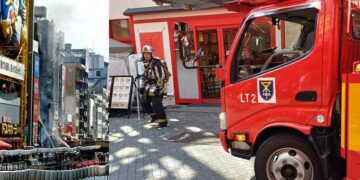 日本大阪道頓堀高樓店面大火 警消緊急灌救封鎖現場