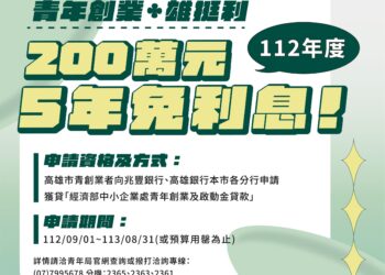 高市青年局再推「雄挺利」 享最高200萬元貸款5年免利息