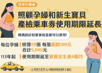 高雄113年福利再升級 產檢乘車券延長至產後回診及寶寶出生後6個月內施打疫苗都可以用